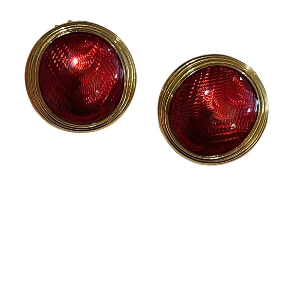 Vintage 1980s Edgar Berebi Gold finish earrings red enamel - Picture 4 of 10